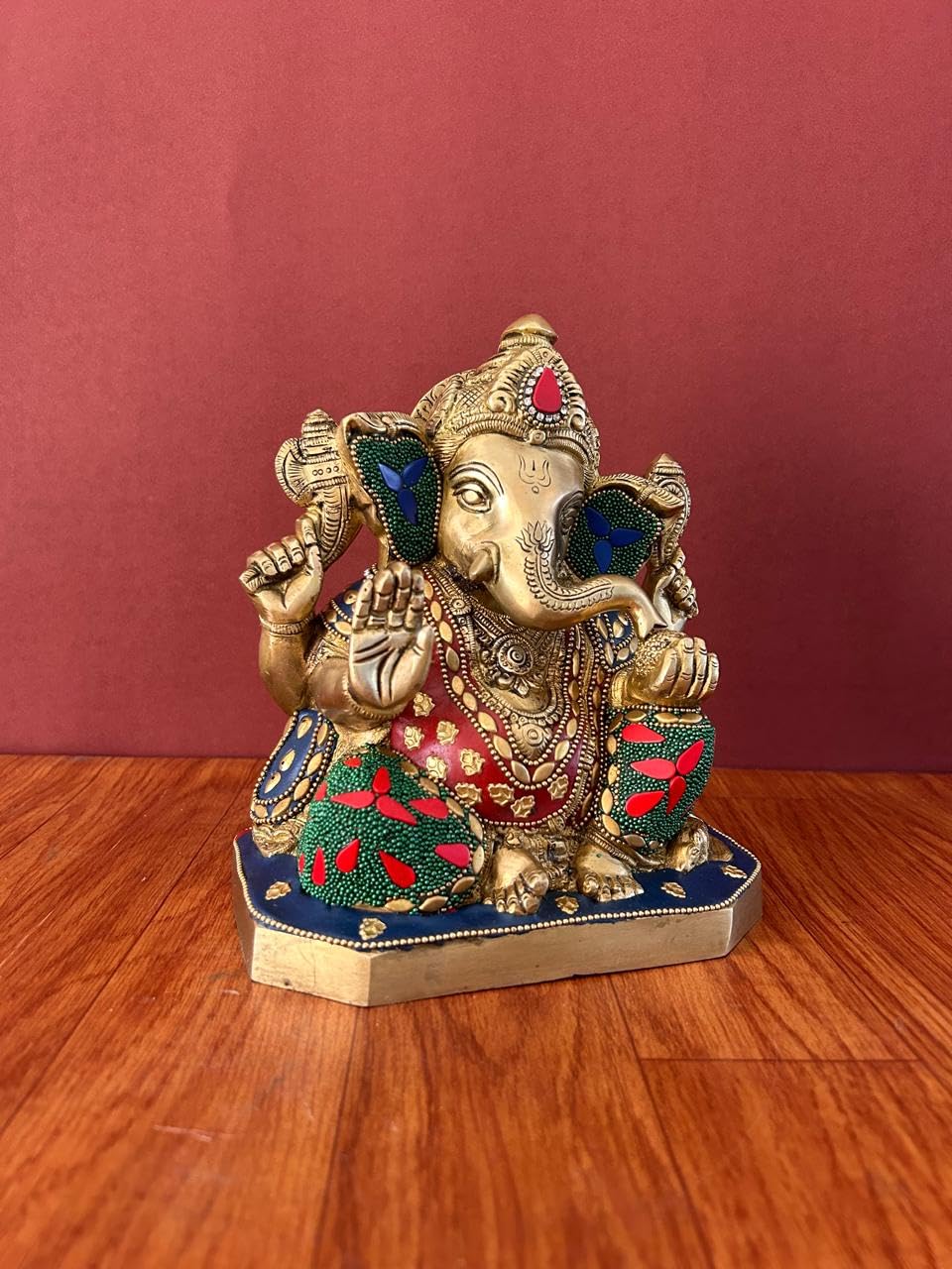 Mridaya Brass Ganesha Statue With Mosaic Stonework, 20 Cm Brass Ganesh Statue, Ganpati Idol, Good Luck Gift For New Beginnings,